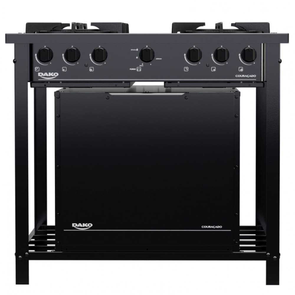 Fogão industrial Dako 4 bocas com forno e tripla chama couraçado, preto, aço couraçado, quatro queimadores, forno, controles de gás