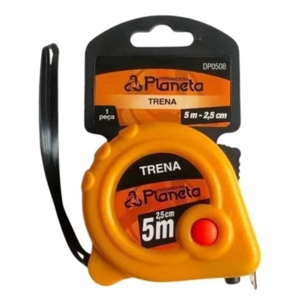 Fita métrica Planeta de 5m, amarela e preta, com rótulo e botão vermelho, em fundo branco.