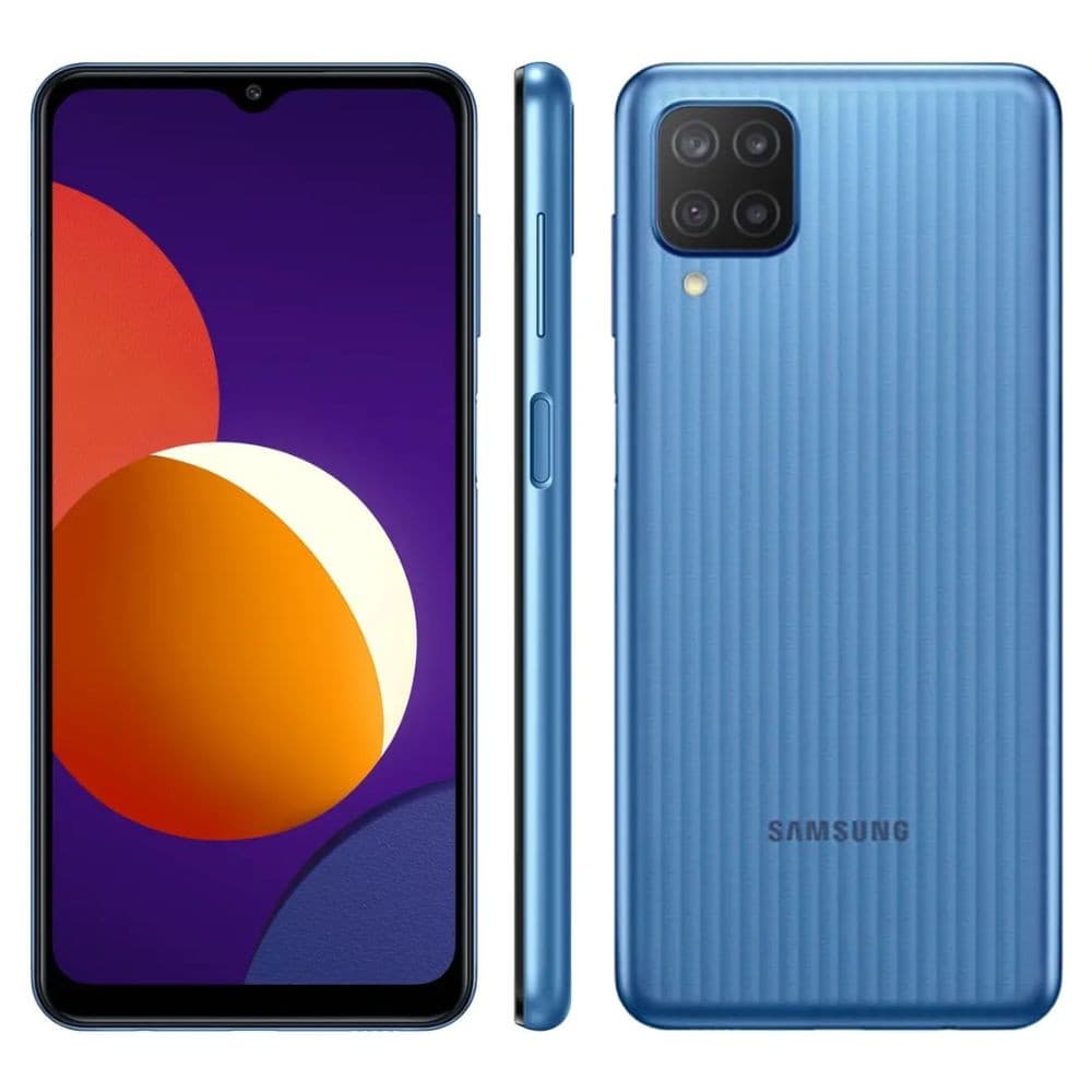 Samsung Galaxy M12 64 GB Azul - Excelente, smartphone com design texturizado e quatro câmeras na parte traseira