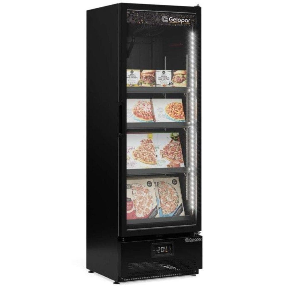 Freezer expositor vertical preto 1 porta Gelopar com produtos congelados visíveis