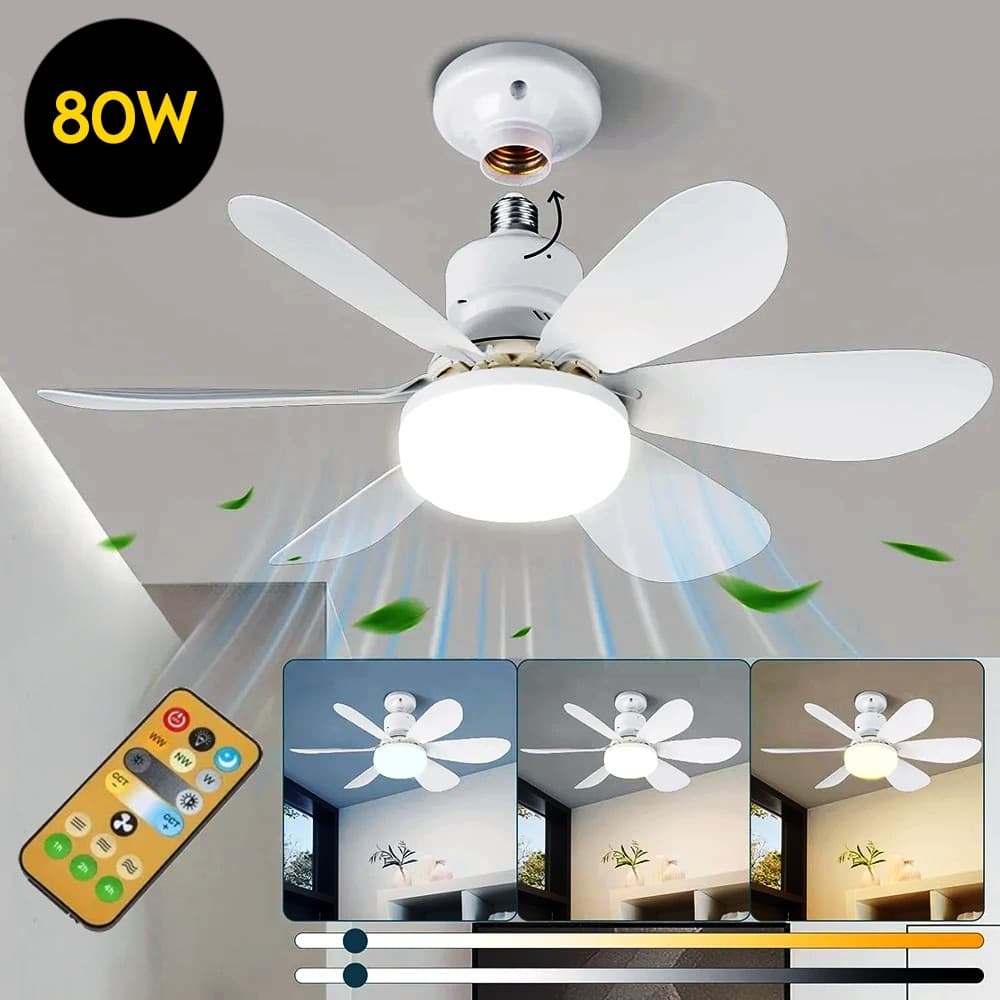 Ventilador de Teto 80W Lâmpada 3 Cores E27 Silencioso Bivolt 2 em 1 Controle Remoto PREMIUM Branco