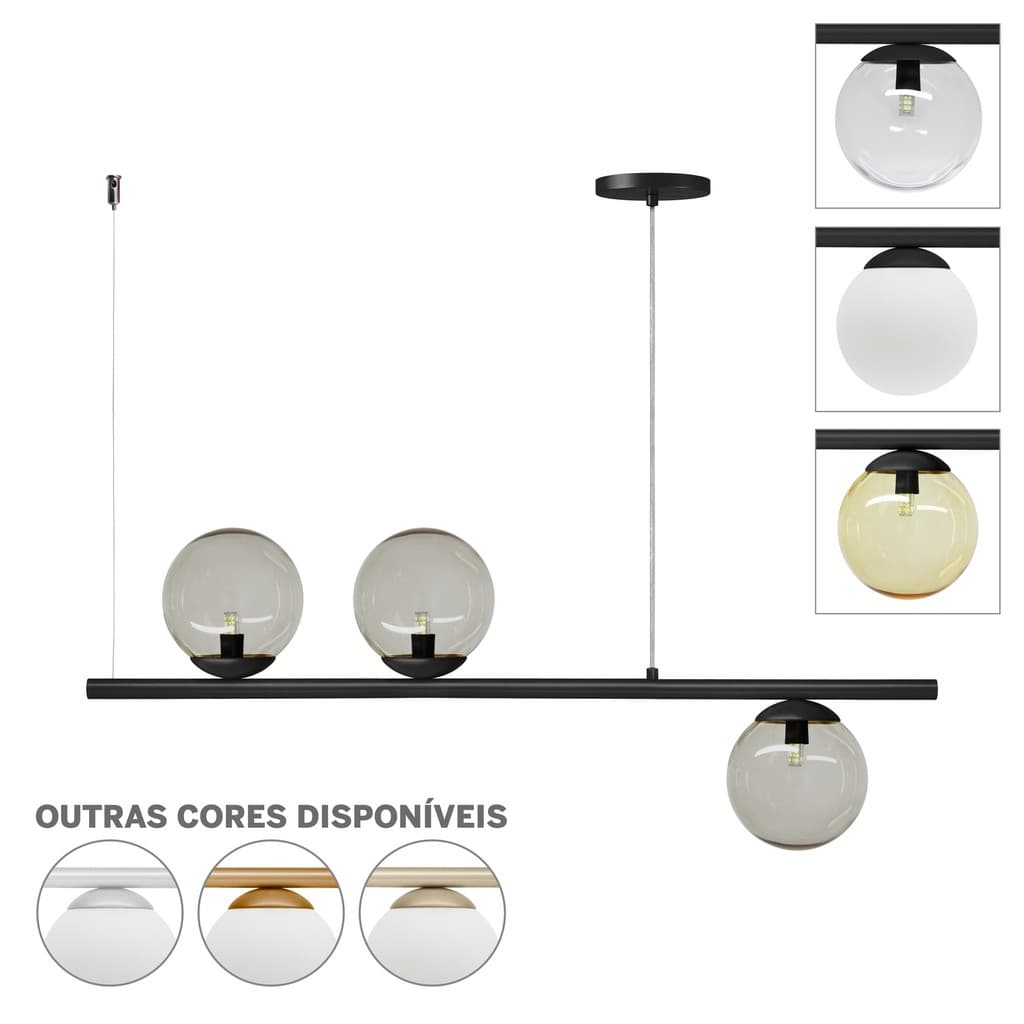 Pendente LuminaLux Fit Haven com três globos de vidro transparente e um globo amarelo, preto