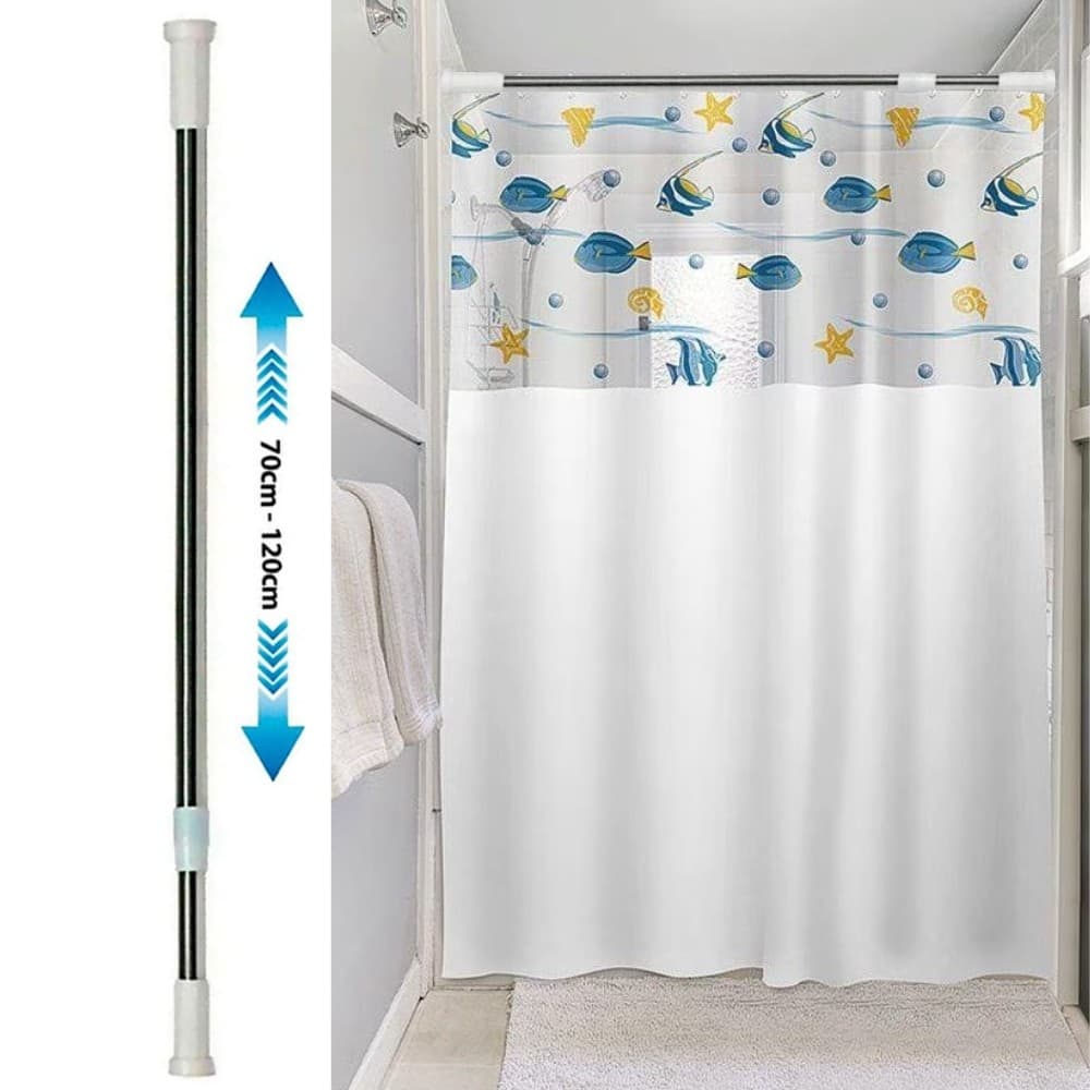 Cortina transparente para box de banheiro com padrão de peixes e estrelas em azul e amarelo, varão extensível branco e cinza.