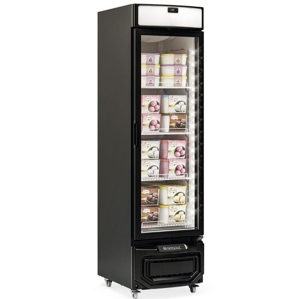 Freezer vertical preto 315l com porta de vidro e produtos alimentícios visíveis