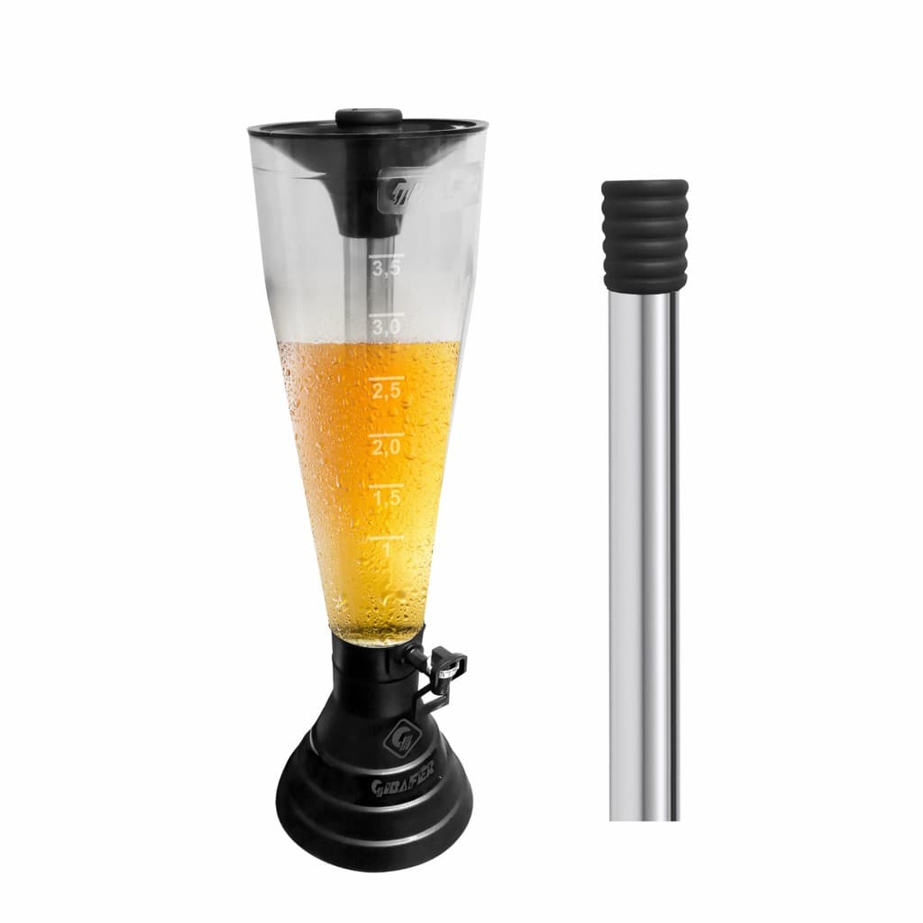 Torre de chopp preta com capacidade de 3,5 litros, com medidor transparente e alça preta.