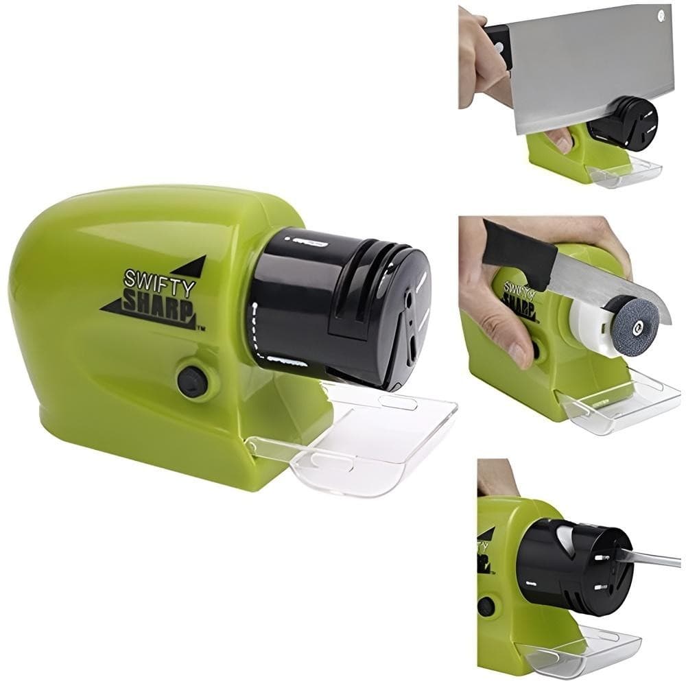 Afiador elétrico portátil Swifty Sharp verde e preto para facas e tesouras