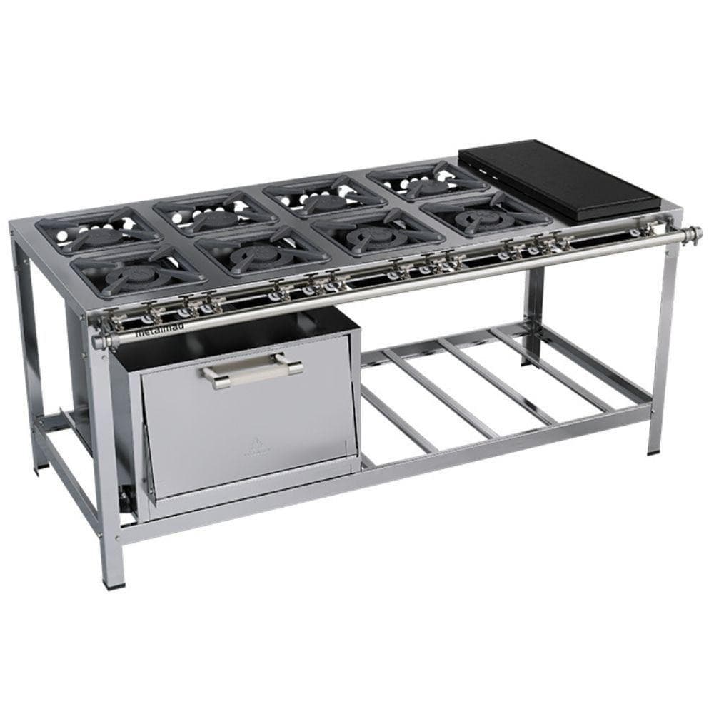 Fogão Industrial Metalmaq 8 Bocas com Forno e Chapa M24 em Aço Inox