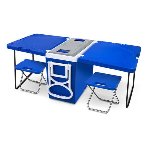 Caixa térmica 32L com mesa e cadeiras dobráveis azuis para praia e camping