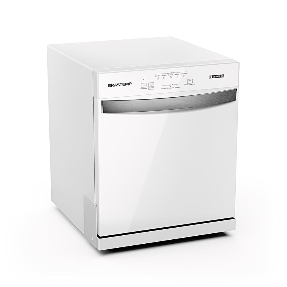 Lava-louças Brastemp 8 Serviços Branca BLF08BB, modelo compacto com porta aberta, controles visíveis e texto 'BRASTEMP'.