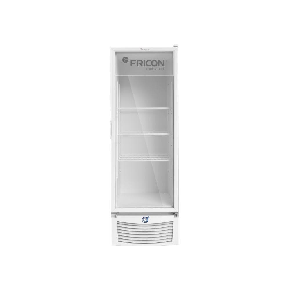 Freezer vertical Fricon 1 porta 284 litros, branco, com porta de vidro e logo Fricon