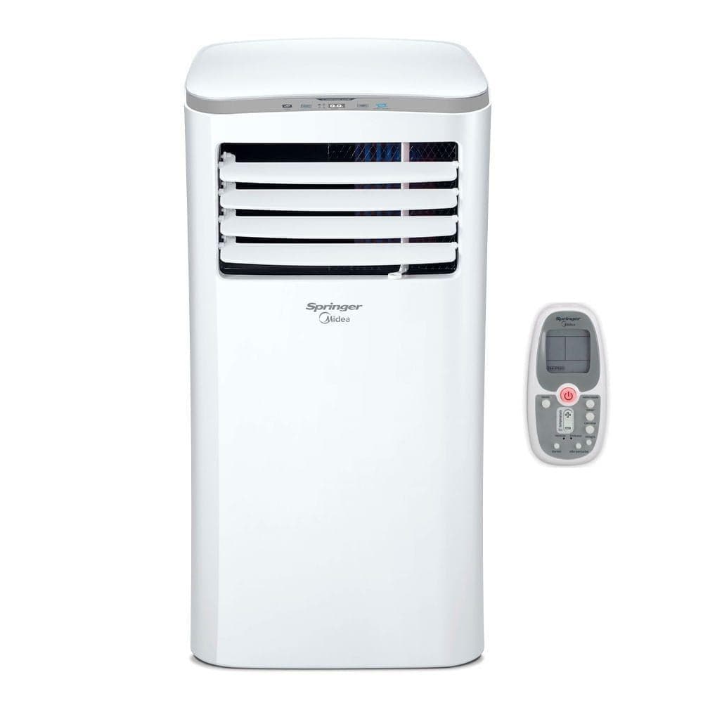 Ar condicionado portátil branco Springer com controle remoto cinza e branco