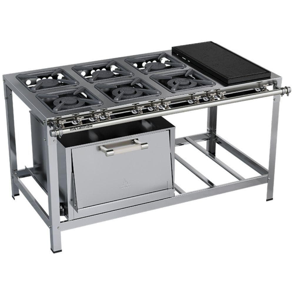 Fogão Industrial Stori Premium 6 Bocas 30x30 Forno Com Chapa M23 Aço Inox 430 Metalmaq Fogão Baixa Pressão