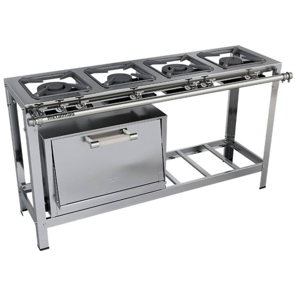 Fogão industrial Metalmaq com quatro bocas e forno em aço inoxidável