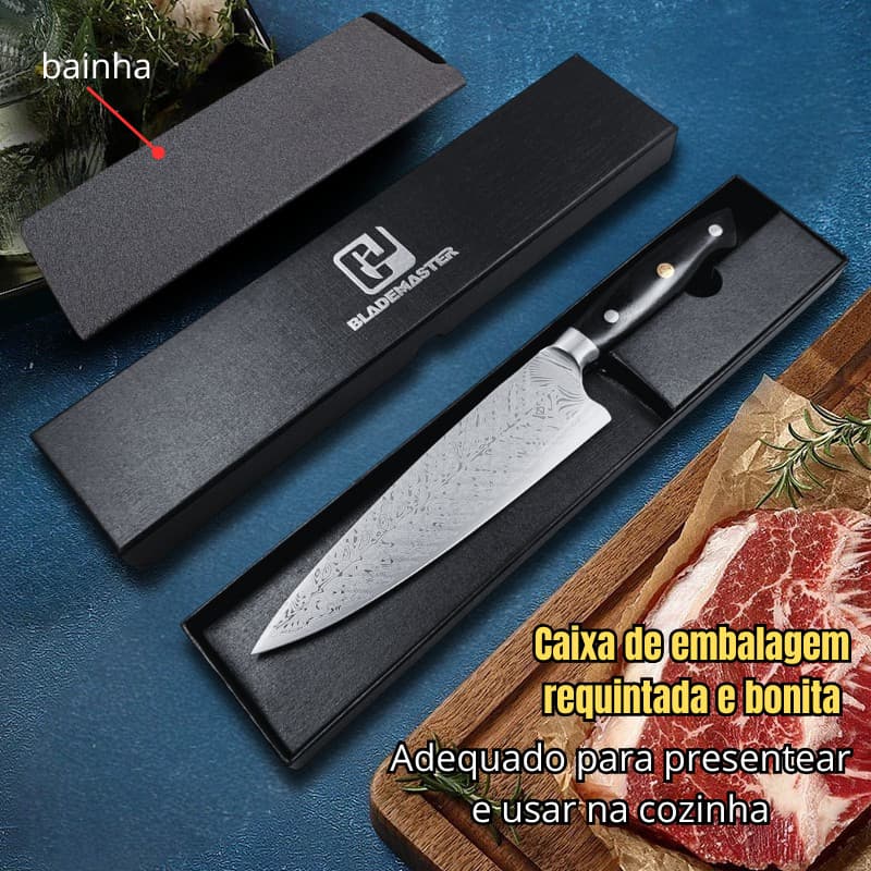 Faca multiuso em aço damasco com embalagem elegante, ideal para churrasco, pesca e culinária