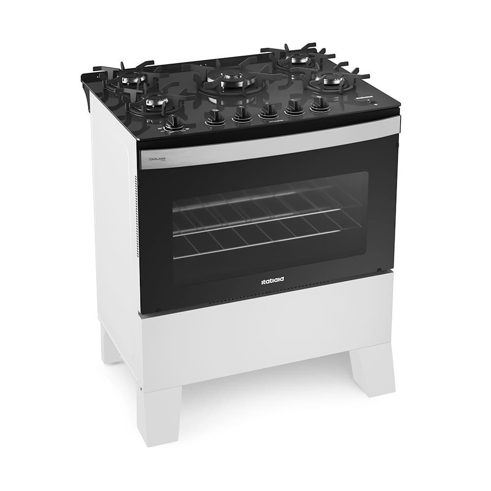 Fogão Itatiaia Itaglass Plus 5 Bocas com Acendimento Automático e Mesa de Vidro, cor preto e branco, fundo branco.