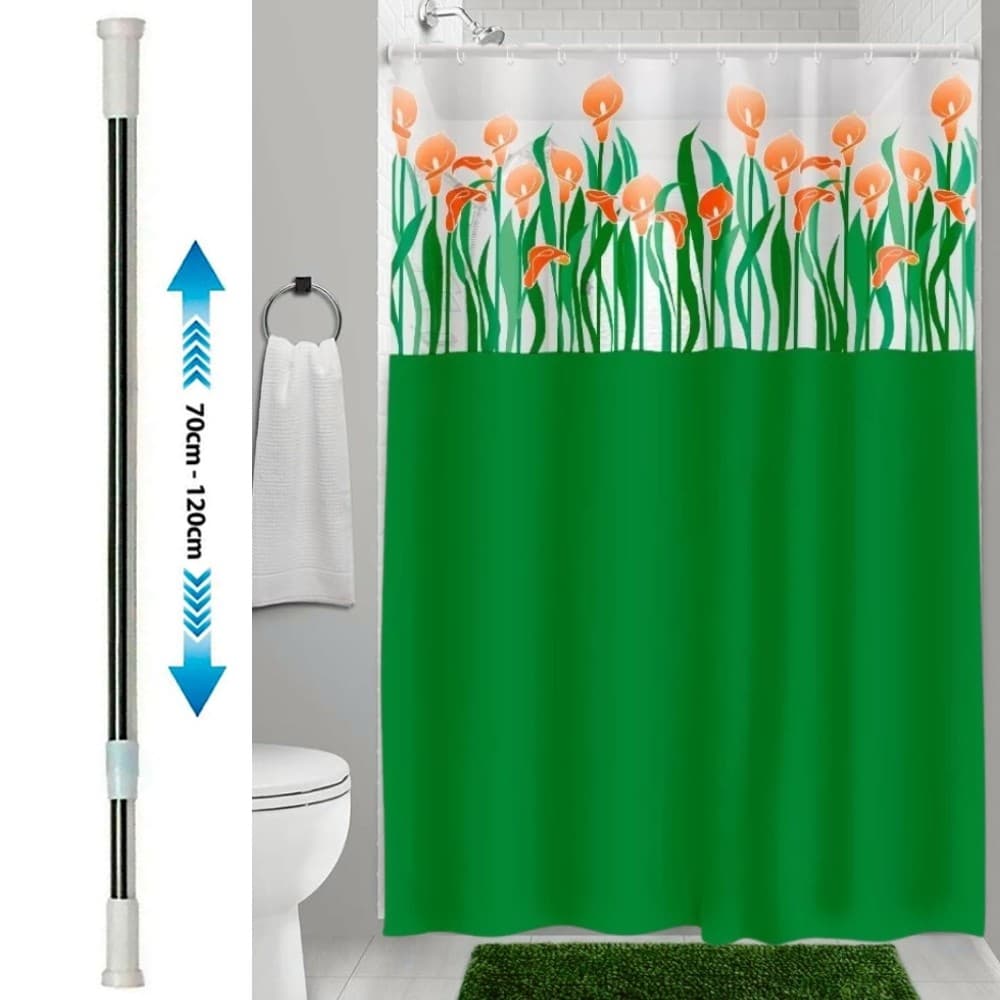Kit varão e cortina para box visor com design floral verde e laranja
