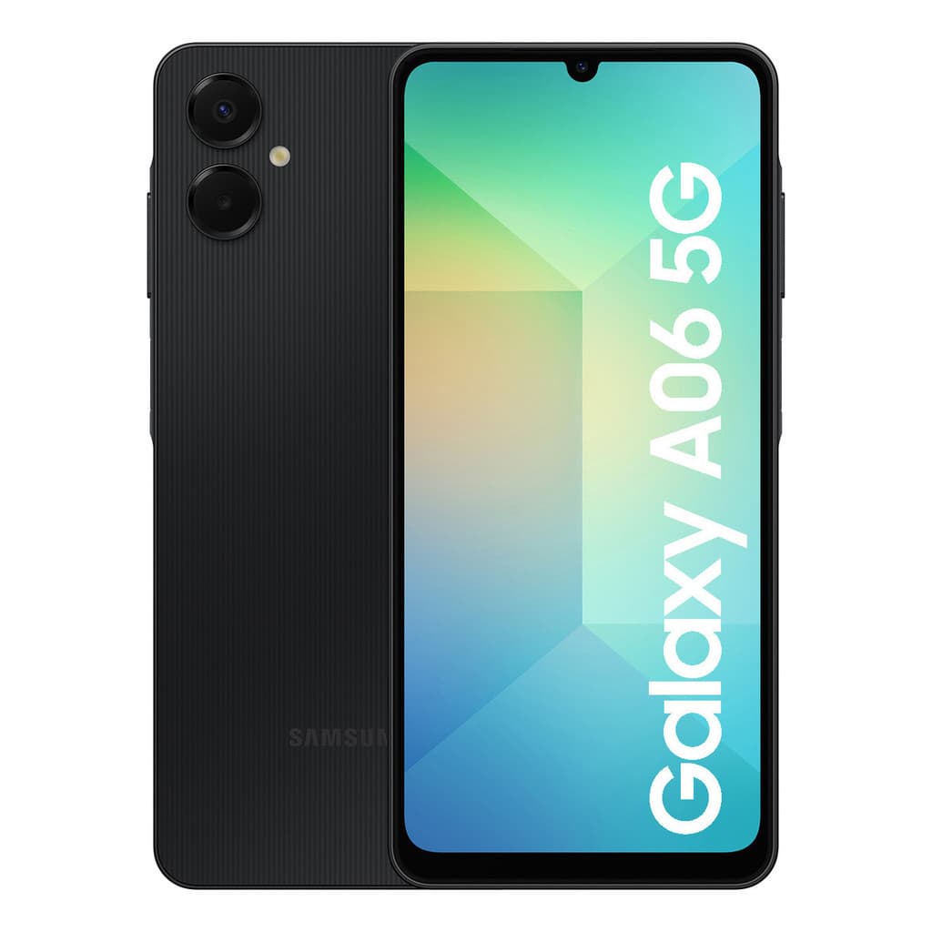 Smartphone Samsung Galaxy A06 5G em preto com texto na tela