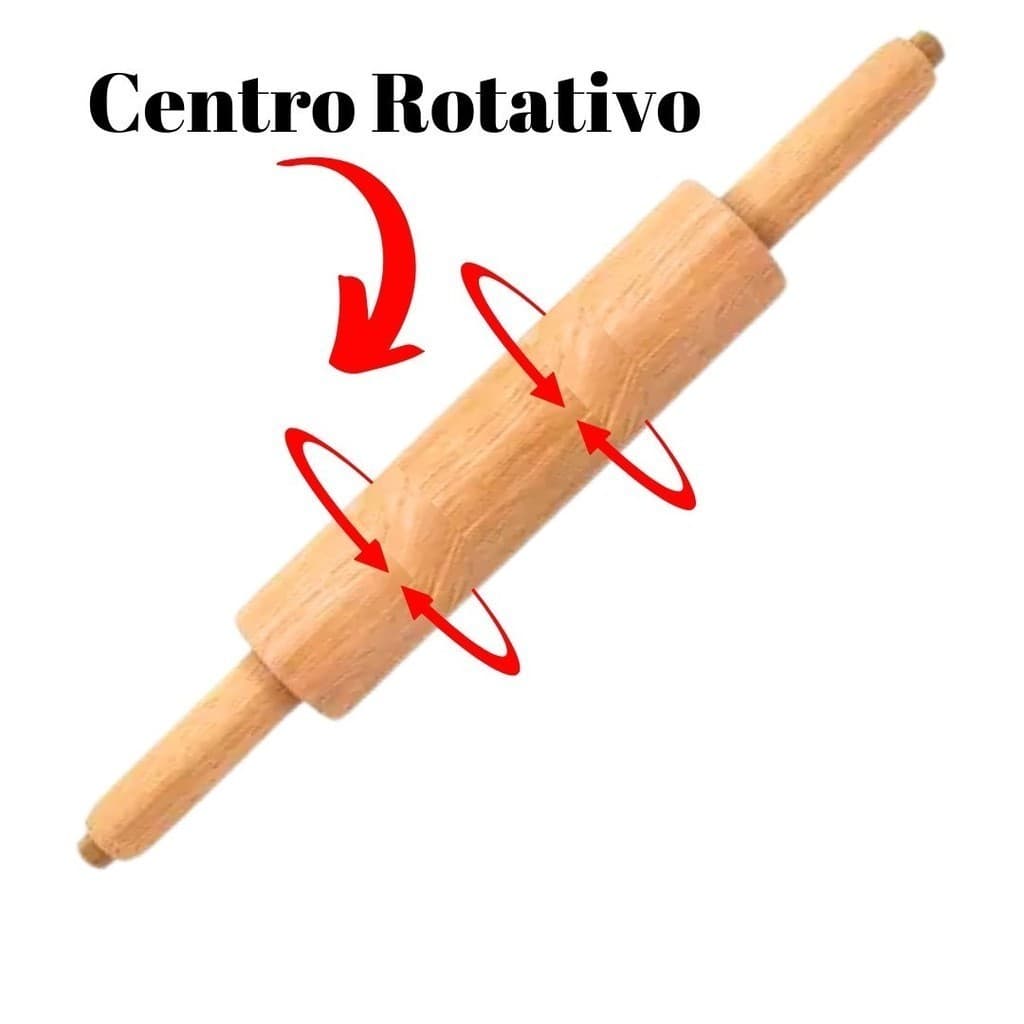 Rolo de madeira para massas com centro rotativo, ideal para abrir massas de pizza e pão.