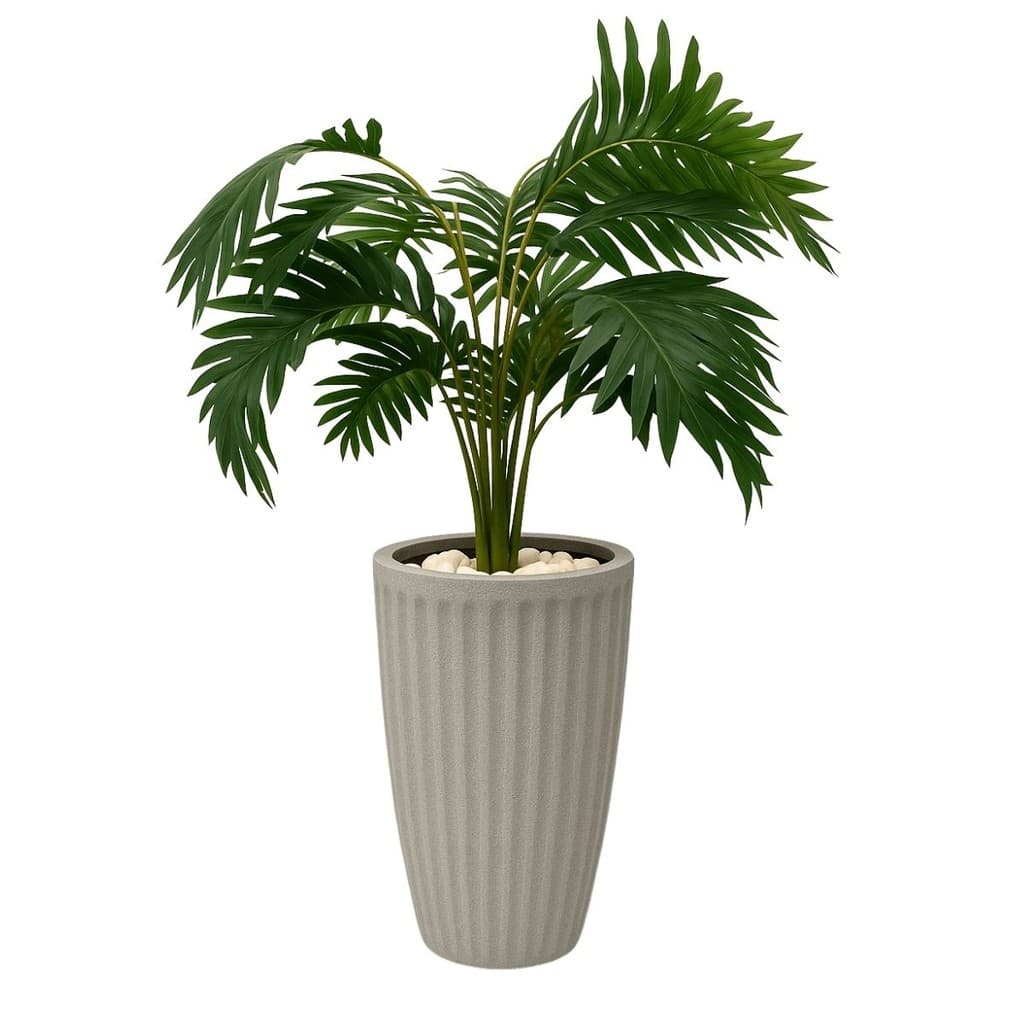 Planta artificial de palmeira em vaso cinza com 15 folhas, estilo cone romano, fundo branco