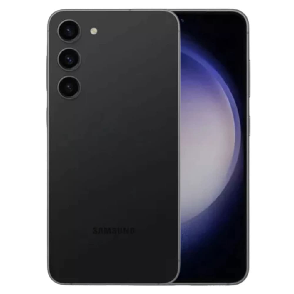 Visão traseira do Samsung Galaxy S23 em preto com câmera quadrada e logo da Samsung