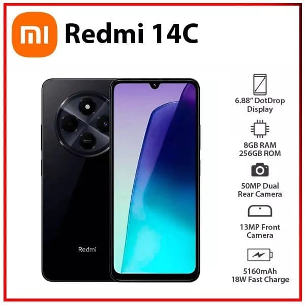 Xiaomi Redmi 14C Preto com 8GB RAM e 256GB ROM, câmera traseira quádrupla, tela de 6.88 polegadas