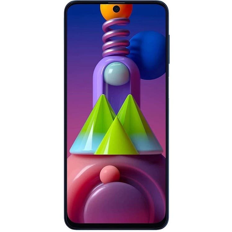 Imagem frontal do smartphone Samsung Galaxy M51 com tela abstrata colorida
