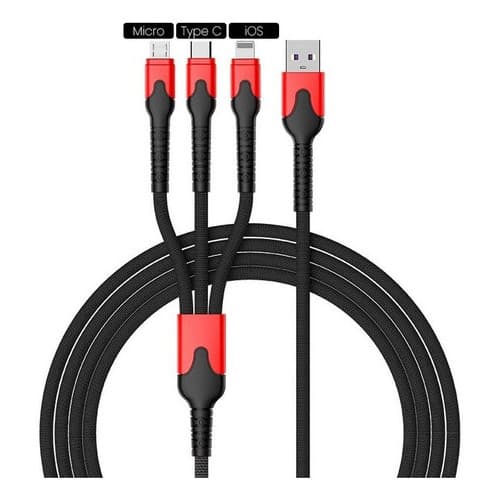 Cabo carregador turbo 3 em 1 com conectores Micro, Type C e iOS