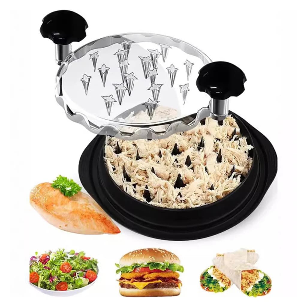 Triturador desfiador manual para carnes e frangos, com exemplos de uso