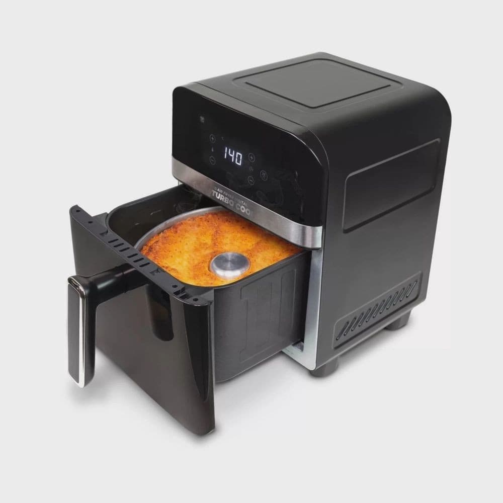Fritadeira Air Fryer Mallory Turbocook com visor em vidro e capacidade de 6 litros aberta mostrando o cesto interno com comida frita
