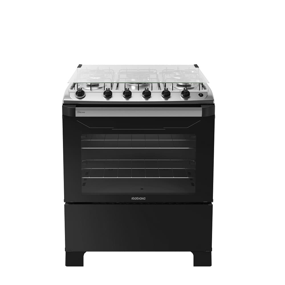 Fogão de Piso Itatiaia 5 Bocas New Dream Preto – Bivolt com forno de vidro e tampa transparente