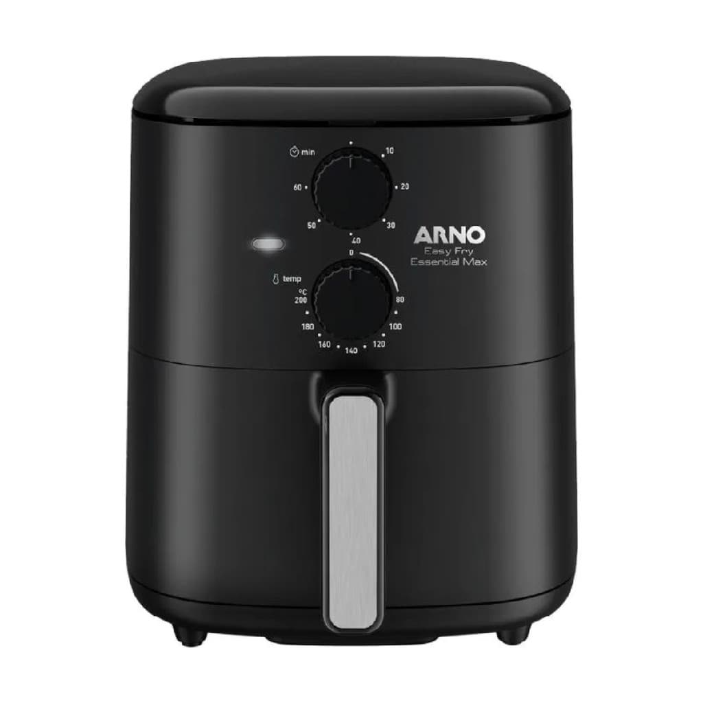 Fritadeira sem óleo Arno Essential Max 5L preta com controles de temperatura e tempo, logo da marca Arno visível, fundo branco, ângulo frontal