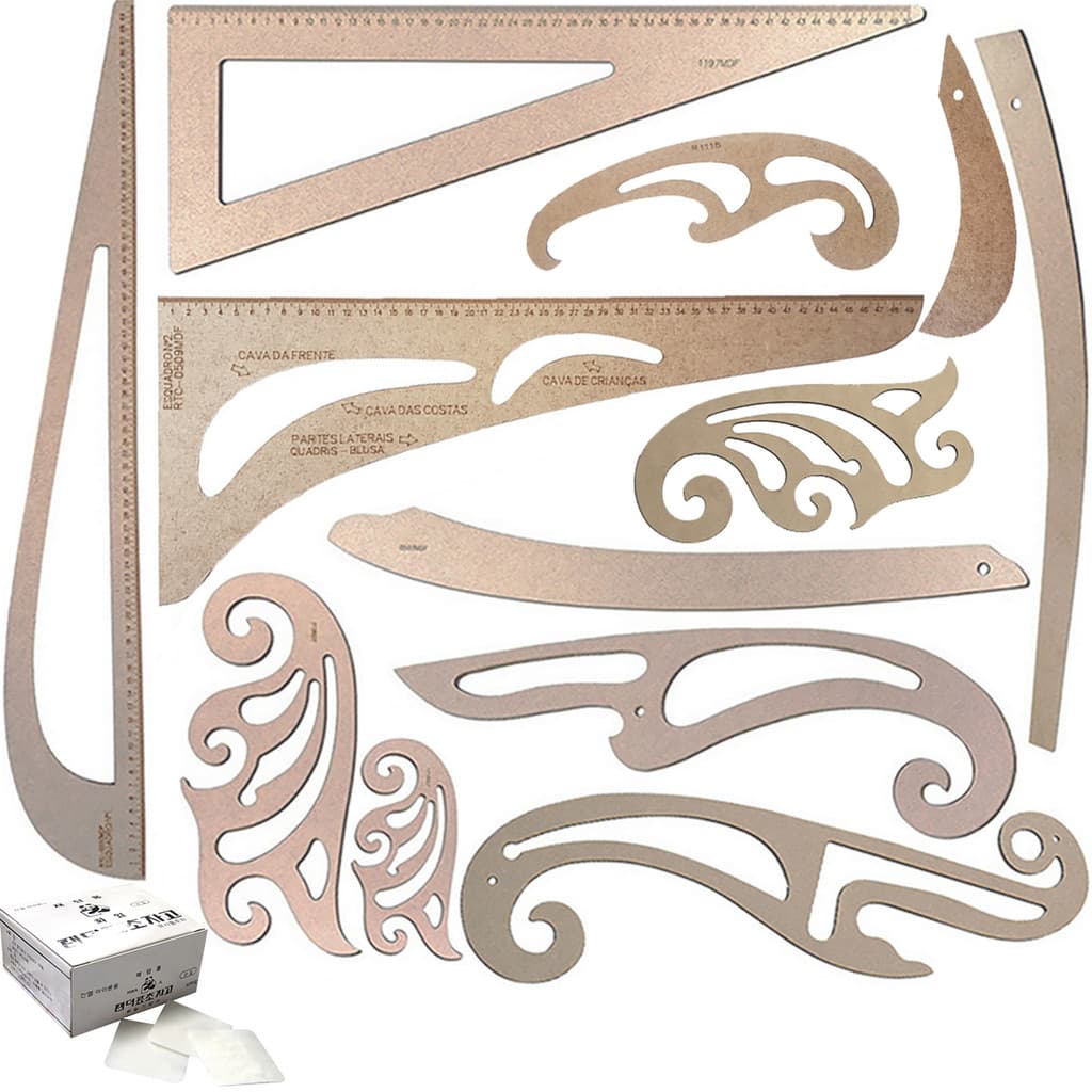 Kit 12 Réguas Corte Costura Francesa Decotes Cavas Esquadros Alfaiate Textil Modelagem + 50 Giz Mágico