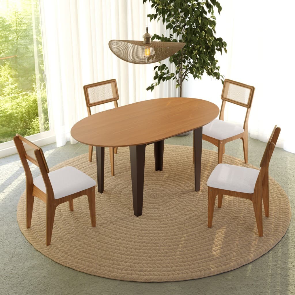 Conjunto de mesa extensível de madeira e cadeiras com tela sintética para sala de jantar