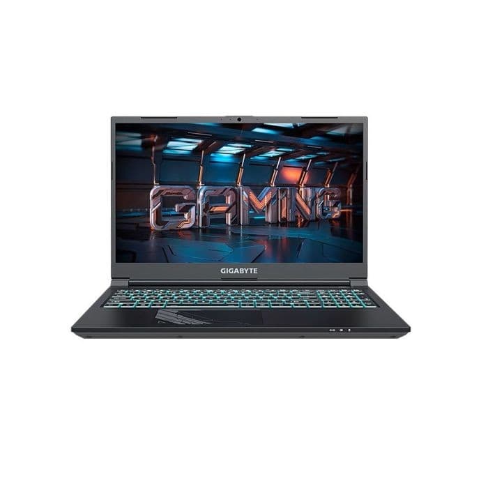 Notebook gamer Gigabyte G5 MF, teclado retroiluminado em azul, exibindo palavra 'GAMING' em fundo azul e laranja