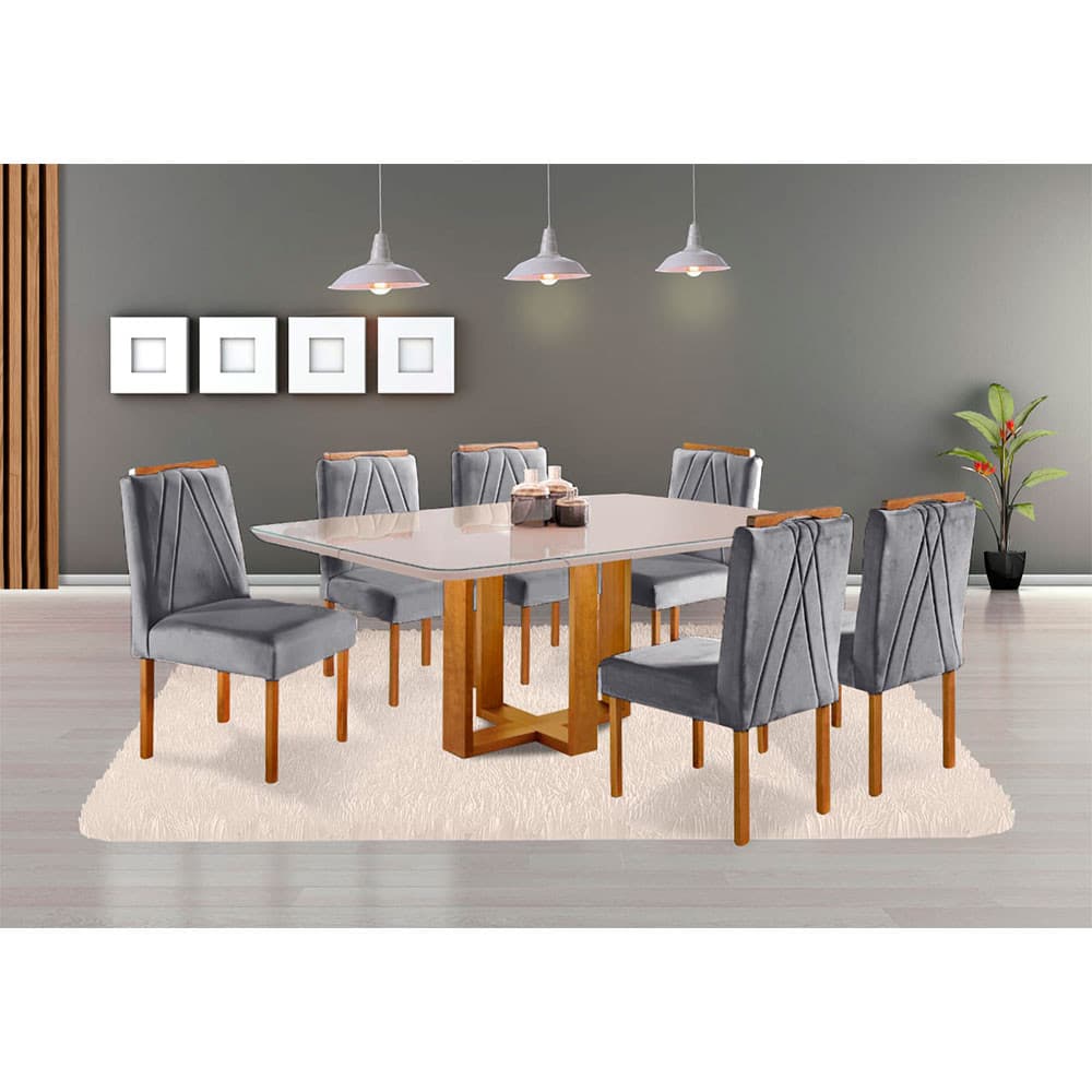 Sala de jantar com mesa de madeira maciça e cadeiras cinza