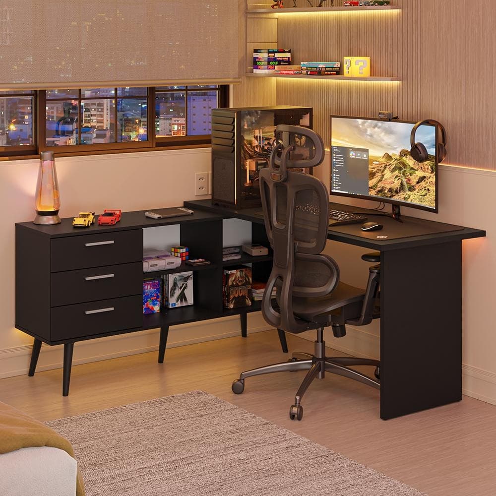 Escrivaninha Em L Mesa Para Computador Gamer 3 Gavetas Lisboa Madesa