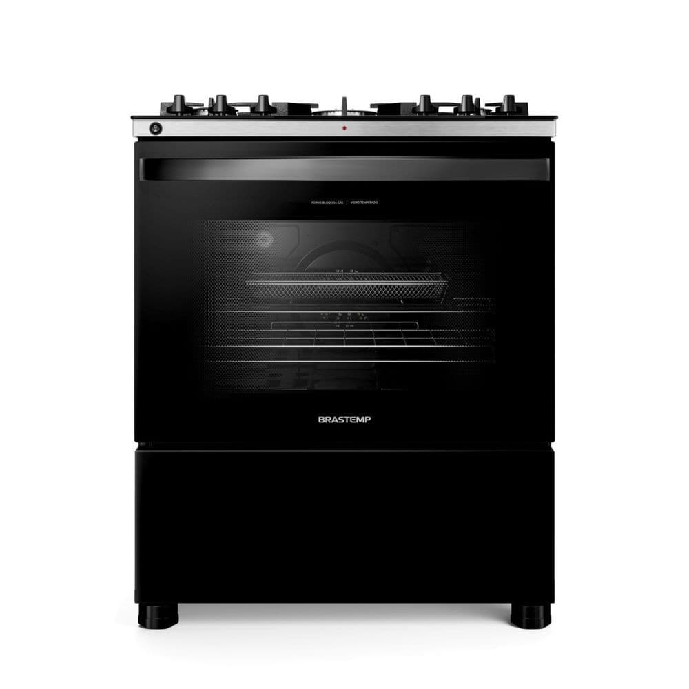 Fogão Brastemp 5 Bocas com Air Fryer BFS5LAE preto, porta do forno aberta