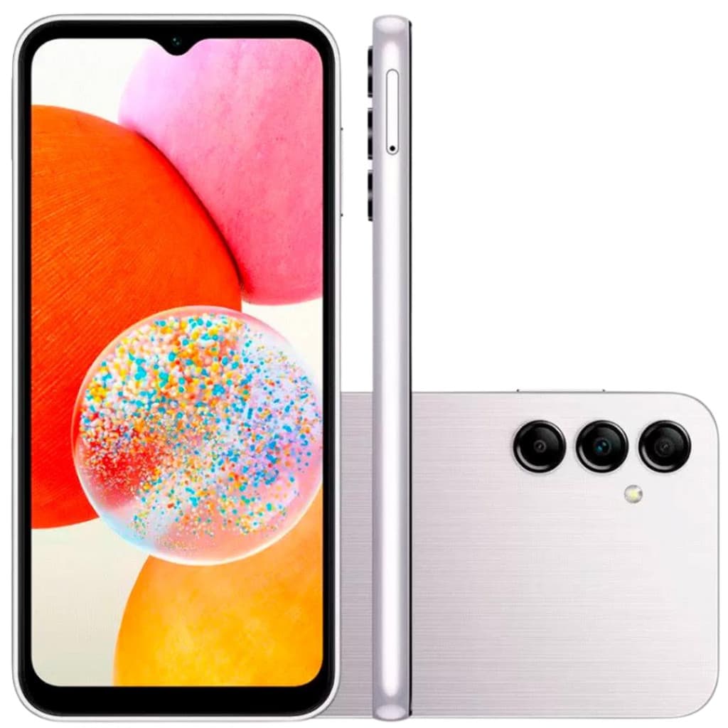 Smartphone Samsung Galaxy A14 64GB 5G com câmera tripla e acabamento metálico prateado