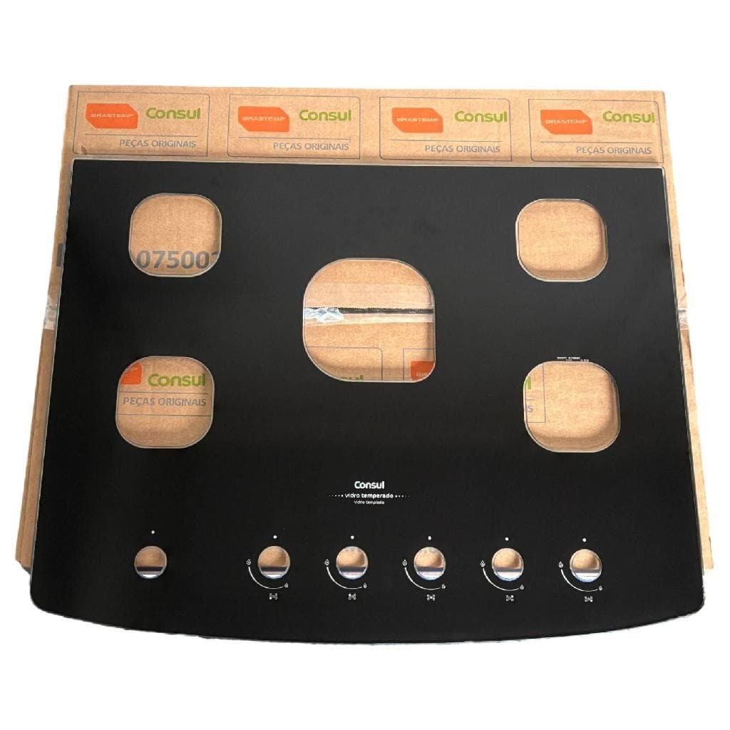 Tampo de mesa de vidro com gaxeta para fogão Consul 5 bocas, preto com detalhes transparentes
