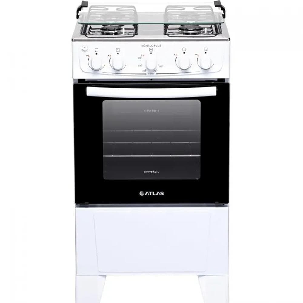 Fogão de 4 bocas branco com mesa de inox Atlas Mônaco Plus