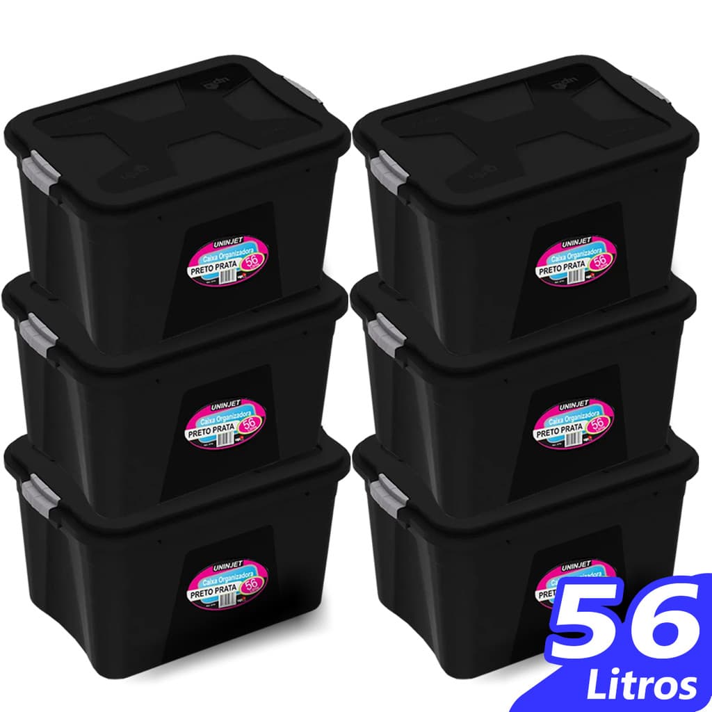 Caixas organizadoras pretas 56 litros Uniquet com tampas e travas