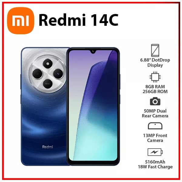 Smartphone Xiaomi Redmi 14C Azul com 8GB RAM e 256GB ROM, câmera traseira 50MP, bateria 5160mAh
