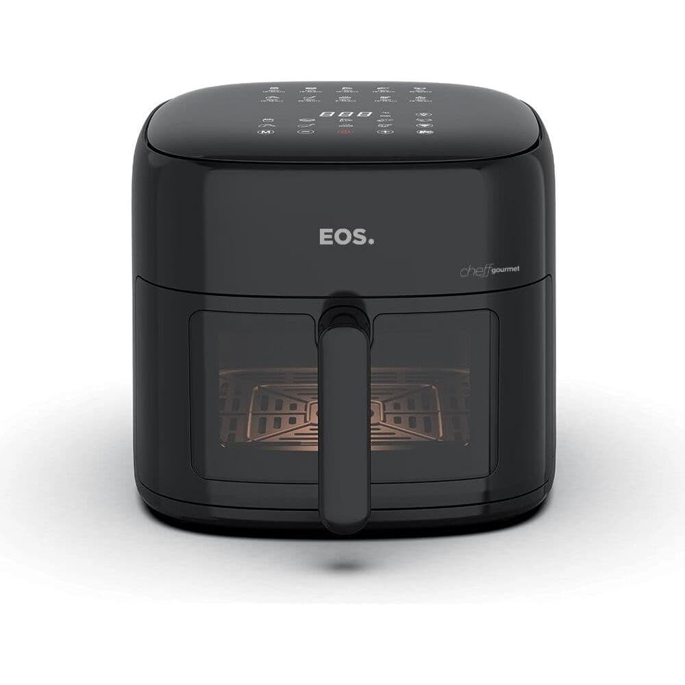 Fritadeira Air Fryer EOS Chef Gourmet 6L Preto EAF60P 110V, moderna e compacta, com corpo preto fosco e porta transparente.