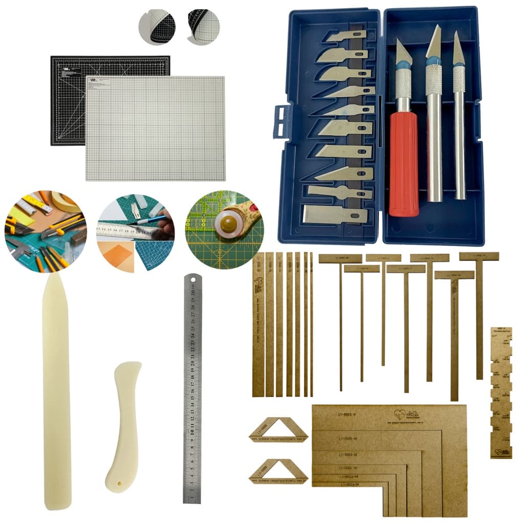 Kit de cartonagem com placa de corte, régua, estilete e gabaritos
