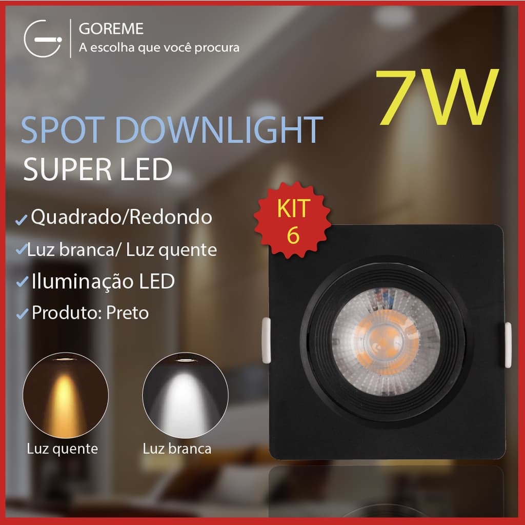 Kit 6 luminárias spot LED quadrado 7W embutido em gesso, preto, luz fria e quente, bivolt