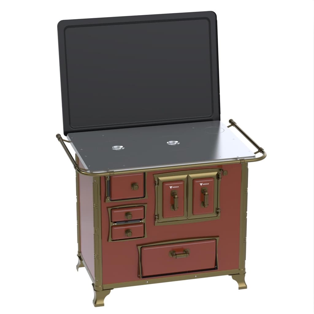 Fogao a lenha Venax n 2 Renaissance com chapa de aluminio tabaco, vermelho com detalhes dourados