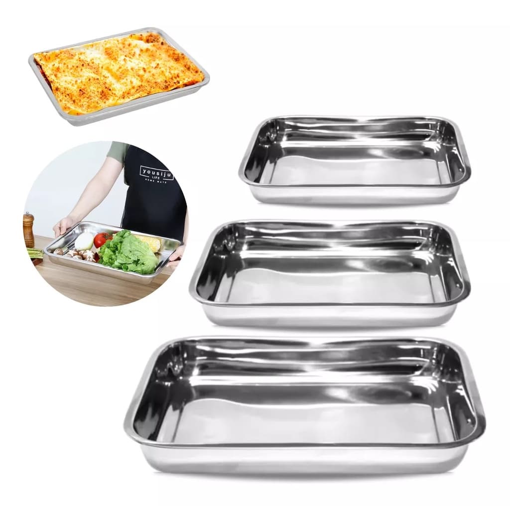 Conjunto de assadeiras inox retangulares de três tamanhos para bolo, travessas e bandejas para assar