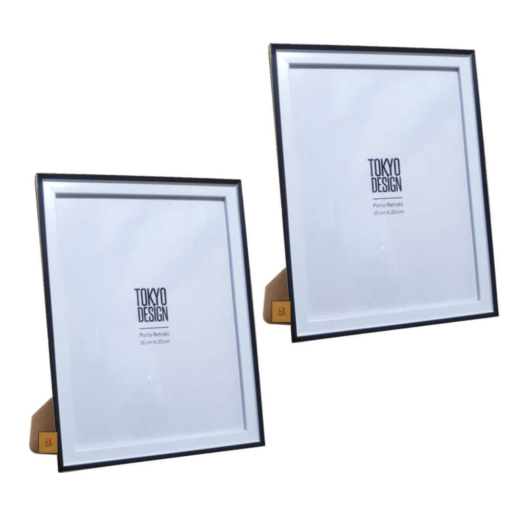 Kit de dois porta retratos brancos com moldura preta Tokyo Design, fundo branco, ângulos ligeiramente diferentes.