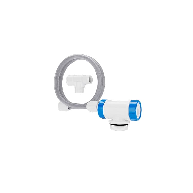 Pressurizador Caixa D'água Duchão Blukit, tubo cinza com conector branco e azul.
