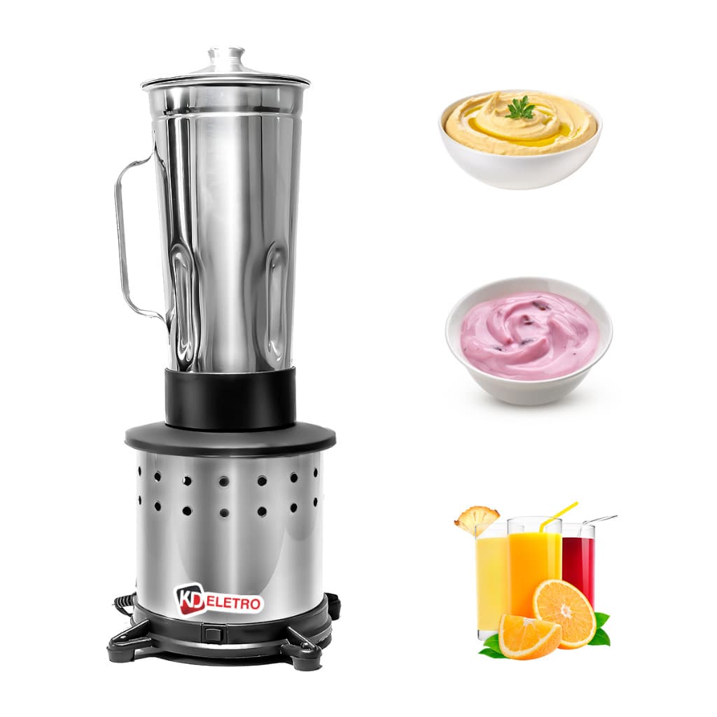 Liquidificador industrial 2 litros aço inox com jarra, haste e base preta, acompanhado por imagens de smoothies e sucos